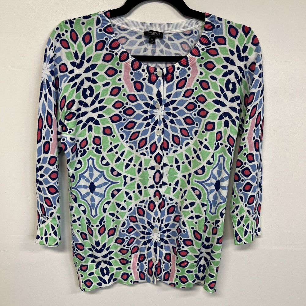 Talbots Petite Cardigan SP Mandala Print Preppy Resort 3/4 Sleeve Lightweight